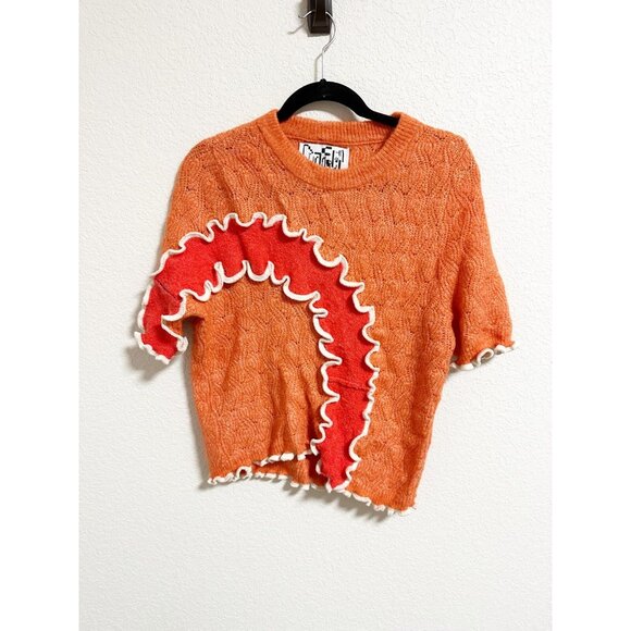 Rua Carlota Sweaters - Rua Carlota Womens Spiral Tee Patchwork Ruffle Trim Handmade Short Sleeve Size M